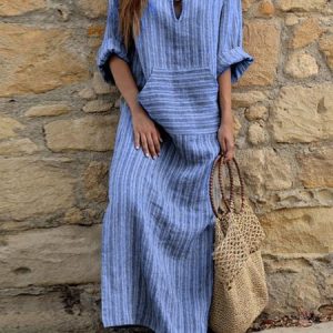 Women Striped Spring/Fall Printing Dress U-Neck Long Sleeve Tank A-Line Dress, Dresses, color:Blue|size:5XL, catalog Noracora shop