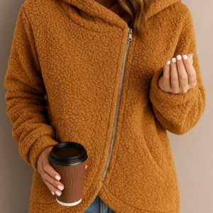 Women Winter Outerwear Casual Plain Long Sleeve Hoodie Jacket, Outerwear, color:Brown|size:3XL, catalog Noracora shop
