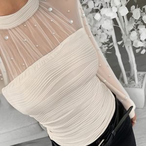 Pearls Decor Mock Neck Sheer Mesh Spliced Ruched Tee Hollow-out Back Slim Fit Textured Top, women T-shirt & Tees, ChicMe catalog