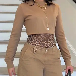 Urban Plain Sweatshirt With Leopard Vest, Hoodies and Sweatshirts, color:Brown|size:XXL, Stylewe