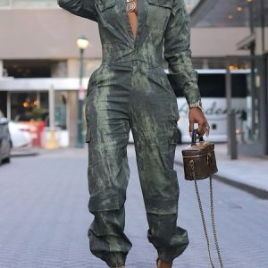 Casual  Printing Abstract Cargo Shirt Jumpsuit, Jumpsuits, color:Green|size:XXL, Stylewe