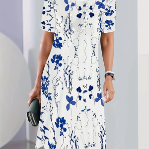Women Floral Short Sleeve Summer Printing Dress Crew Neck Daily Vintage Midi Tunic H-Line Dress, JustFashionNow Casual Dresses, color:White|size:5XL,