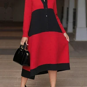 Elegant Color Block Loosen Shawl Collar Midi Sweater Dress, Midi Dresses, color:Reddish Black|size:XXL, Stylewe