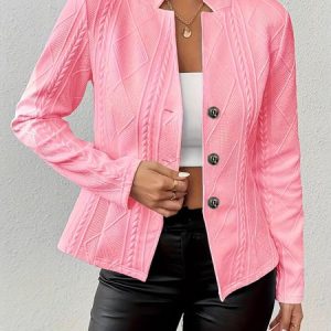 Women Geometric Spring/Fall Outerwear Vintage Embossed Long Sleeve Mock Neck Regular Blazer, Blazers, color:Peach|size:XXL, catalog Noracora shop