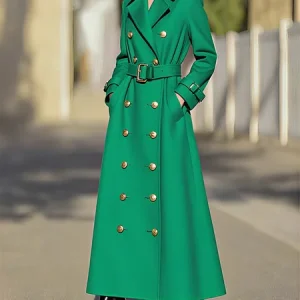 Urban Buttoned Plain Lapel Collar Trench Coat With Belt, Trench Coats, color:Green|size:XXL, Stylewe