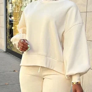 Casual Plain Crew Neck Balloon Sleeve Sweatshirt, Hoodies and Sweatshirts, color:Oatmeal|size:XXL, Stylewe