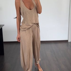 2 Pieces Outfit Sleeveless Scoop Neck Tank and Casual Button Decor Wide Leg Pants Lounge Set, women Two-piece Sets, ChicMe catalog