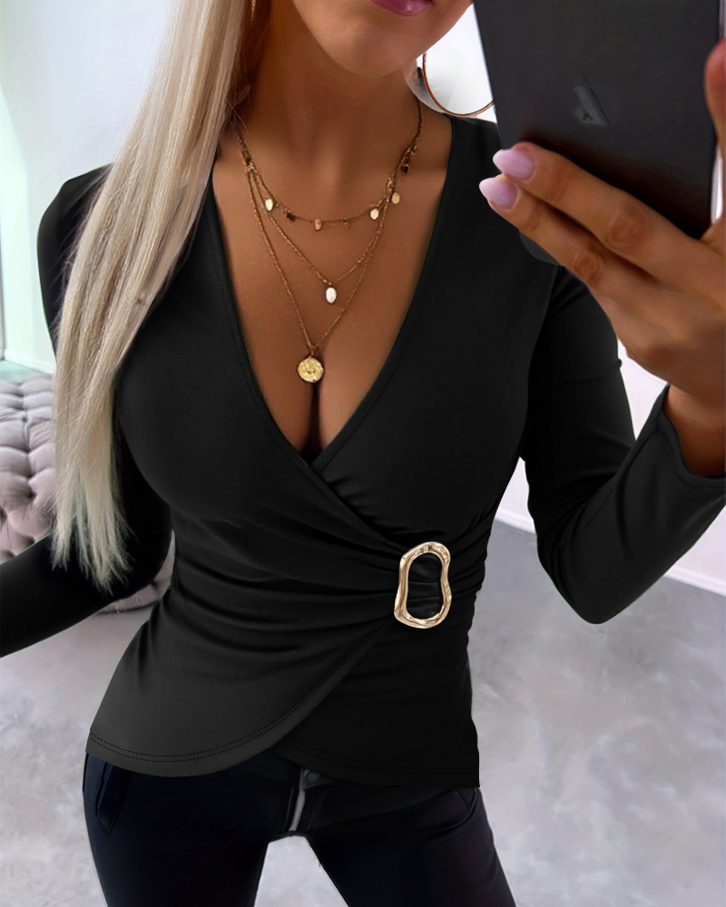 Metal Ring Decor Overlap Deep V-Neck Long Sleeve Wrap Front Tee Slim Fit Ruched Top, women Blouses & Shirts, ChicMe catalog
