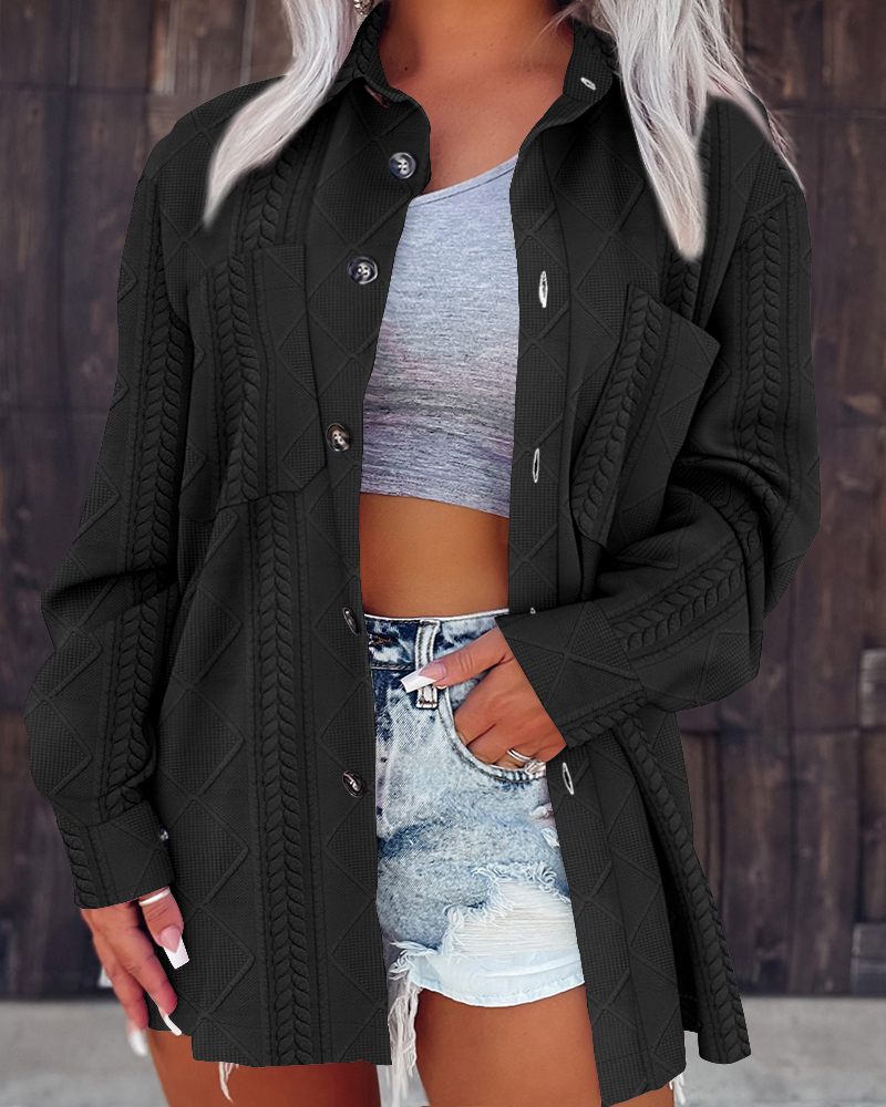 Turn-down Collar Button Front Drop Shoulder Jacket Casual Pockets Design Argyle & Cable Textured Shirt Coat, women Jackets & Coats, ChicMe catalog - Image 4