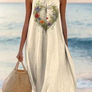Women Plants Summer Dress Crew Neck Sleeveless A-Line Dress, Dresses, color:Beige|size:4XL, catalog Noracora shop