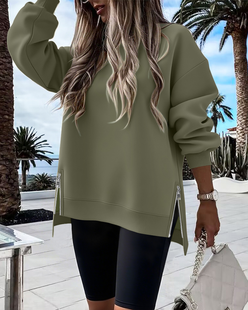 Round Neck Drop Shoulder Long Sleeve Zipper Side Slit Sweatshirt Casual High-Low Hem Top, women Sweats & Hoodies, ChicMe catalog - Image 2