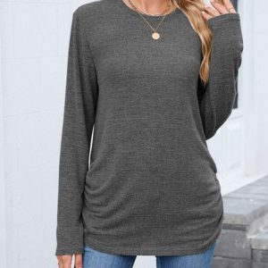 Casual Plain Crew Neck Long Sleeve T-shirt, T-shirts, color:Deep Gray|size:XXL, catalog Noracora shop