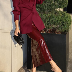 Elegant Plain Midi Faux Leather Skirt, Skirts, color:Wine Red|size:XXL, Stylewe