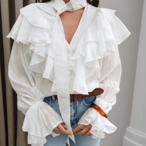 Asymmetrical Ruffles V Neck Tied Detail Blouse Casual Long Sleeve Loose Fit Top, women Blouses & Shirts, ChicMe catalog