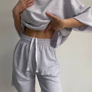 Women Plain Two-Piece Set Daily Half Sleeve Casual Summer Short Sets Matching Set, Sets, color:Light Gray|size:XL, catalog Noracora shop