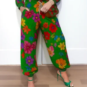 Casual Floral Printing Ankle Banded Pants, Pants, color:Green|size:XXL, Stylewe
