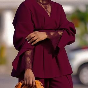Urban Plain Split Joint Stand Collar Blouse, Blouses and Shirts, color:Wine Red|size:XXL, Stylewe