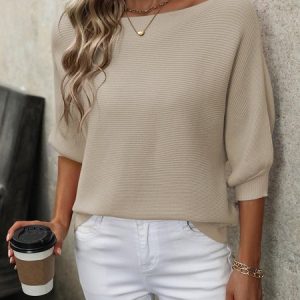 Women Cotton Plain Long Sleeve Comfy Casual Sweater, Sweaters, color:Apricot|size:XXL, catalog Noracora shop