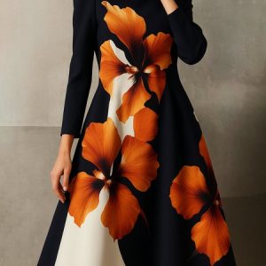 Urban Floral Stand Collar Midi Dress, Midi Dresses, color:As Picture|size:XXL, Stylewe