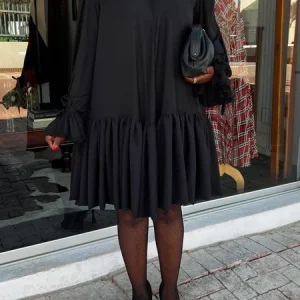 Elegant Plain Stand Collar Knee Length Dress, Midi Dresses, color:Black|size:XXL, Stylewe