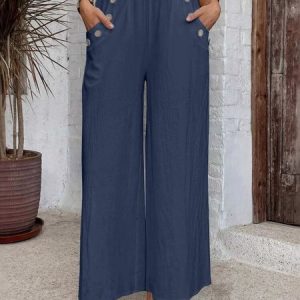 Women Plain Long Elastic Waist Pants Casual Spring/Fall Trousers, JustFashionNow Pants, color:Navyblue|size:XXL,
