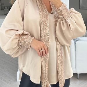 Tie Neck Contrast Sequin Lantern Sleeve Top, women Blouses & Shirts, ChicMe catalog
