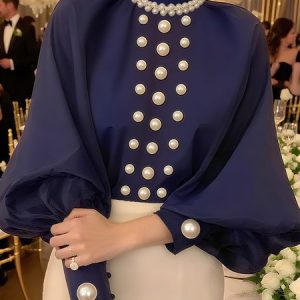 Satin Elegant Plain Imitation Pearls Mock Neck Balloon Sleeve Blouse, Blouses and Shirts, color:Purplish Blue|size:XXL, Stylewe