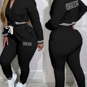 2 Pieces Outfit Rhinestone Letter Queen Contrast Striped Zip Up Crop Baseball Coat and Casual Drawstring Elastic Waist Tapered Pants Set, women Two-piece Sets, ChicMe catalog