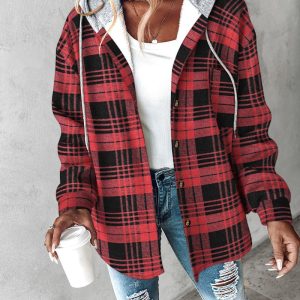 Plaid Print Button Front Pocket Design Drawstring Hoodie Jacket Casual Asymmetrical Hem Thermal Lined Warm Coat, women Jackets & Coats, ChicMe catalog