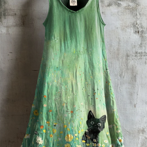 Women Floral Summer Dress Crew Neck Sleeveless A-Line Dress, Midi, color:Green|size:4XL, catalog Noracora shop