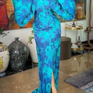 Elegant Floral Bell Sleeve Printing Stand Collar Maxi Party Dress, Maxi Dresses, color:Blue|size:XXL, Stylewe