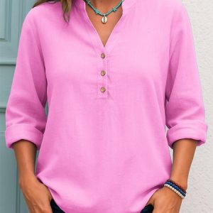 V Neck Long Sleeve Plain Regular Micro-Elasticity Regular Fit Shirt For Women, Shirts, color:Pink|size:3XL, catalog Noracora shop
