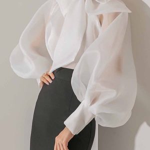 Plus Size Organza Elegant  Lantern Sleeve Plain Blouse, Plus Tops, color:White|size:4X, Stylewe