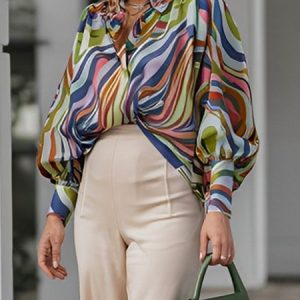 Casual Random Print Printing Shirt Collar Balloon Sleeve Shirt, Blouses and Shirts, color:As Picture|size:XXL, Stylewe