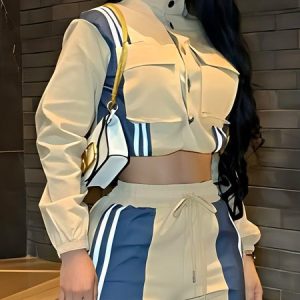Casual Buttoned Color Block Mock Neck Jacket, Jackets, color:Khaki|size:XXL, Stylewe