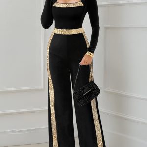 Sequin Bowknot Decor Contrast Sequin Paneled Square Neck Long Sleeve Jumpsuit Casual Cinched Waist Wide Leg Jumpsuit, women Party Dresses, ChicMe catalog