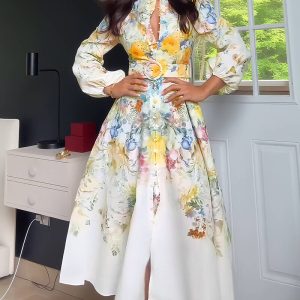 French Style Floral Print Stand Collar Lantern Sleeve Button Down Evening Dress Cinched Waist Vacation Dress with Belt, women Print Dresses, ChicMe catalog