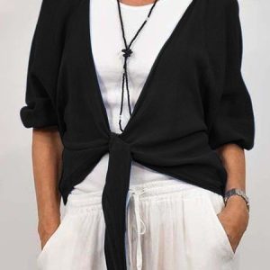 Women Plain Spring/Fall Cover-up Casual Lace-up Lightweight Cardigan, JustFashionNow Cardigans, color:Black|size:3XL,