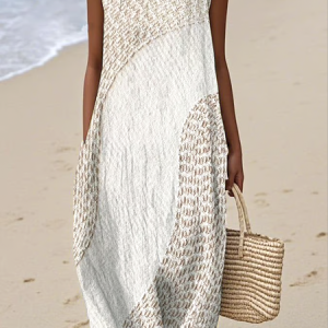 Women Geometric Summer Dress Crew Neck Sleeveless A-Line Dress, Maxi, color:Apricot|size:4XL, catalog Noracora shop