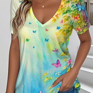 Casual Floral V Neck Short Sleeve T-shirt, T-shirts, color:Color4|size:4XL, catalog Noracora shop