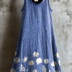 Women Floral Summer Dress Crew Neck Sleeveless A-Line Dress, Midi, color:Blue|size:4XL, catalog Noracora shop