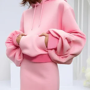Elegant Botanical Pattern Balloon Sleeve Hoodie, Hoodies and Sweatshirts, color:Pink|size:XXL, Stylewe