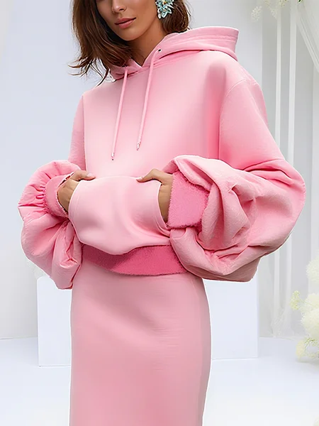 Elegant Botanical Pattern Balloon Sleeve Hoodie, Hoodies and Sweatshirts, color:Pink|size:XXL, Stylewe