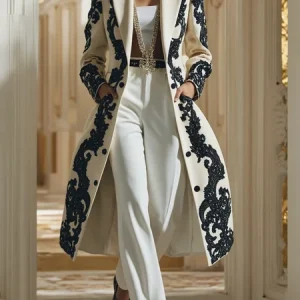 Urban Printing Floral Pattern Lapel Collar Coat, Coats, color:White|size:XXL, Stylewe