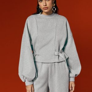 Casual Balloon Sleeve Stand Collar Sweatshirt With Belt, Hoodies and Sweatshirts, color:Gray|size:XXL, Stylewe