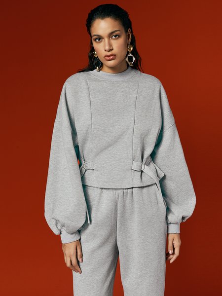 Casual Balloon Sleeve Stand Collar Sweatshirt With Belt, Hoodies and Sweatshirts, color:Gray|size:XXL, Stylewe
