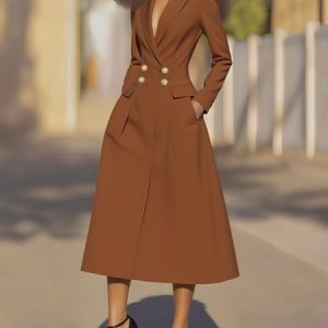 Urban Plain Buttoned Lapel Collar Midi Dress, Midi Dresses, color:Brown|size:XXL, Stylewe