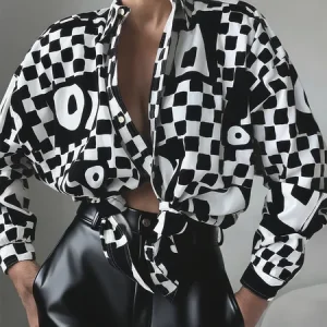 Casual Plaid Printing Shirt Collar Shirt, Blouses and Shirts, color:Black-white|size:XXL, Stylewe