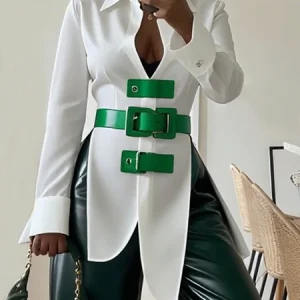 Cotton Urban Plain Metal Buckle Shirt Collar Shirt With Belt, Blouses and Shirts, color:White|size:XXL, Stylewe