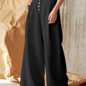 Women Plain Long Elastic Waist Pants Casual Spring/Fall Trousers, JustFashionNow Pants, color:Black|size:5XL,